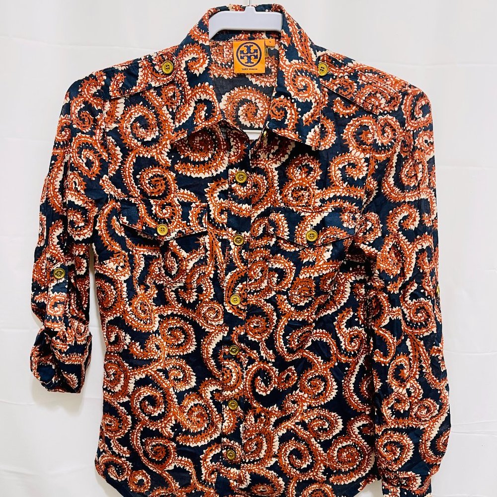 Tory Burch Women’s Button Front Blouse, Size 4, Red/Blue geometric design